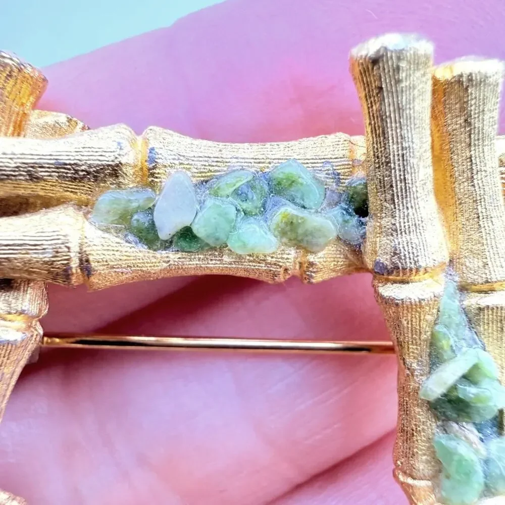 Vintage Mid Century Modern Brooch Pin Bamboo Jadeite Jade Pentagon Textured Rare
